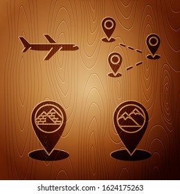Set Map pointer with mountain, Plane, Map pointer with Egypt pyramids and Route location on wooden background. Vector