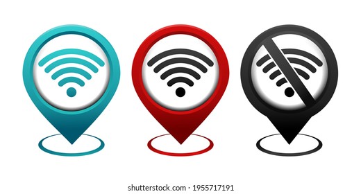 Set of map pointer with network wifi icon. Internet signal, wireless location design concept. Illustration vector