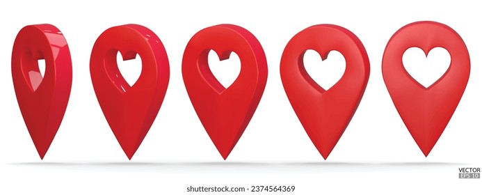 Set of map pointer on heart shape isolated on white background. Red location pin or navigation. 3D Locator mark of map pointer, symbol, position. 3D vector illustration.