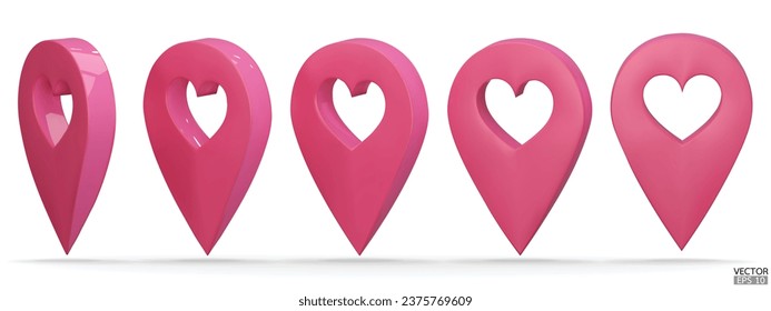 Conjunto de un puntero de mapa sobre la forma del corazón aislado sobre el fondo blanco. Anclaje o navegación rosados. Marca del localizador 3D del puntero del mapa, símbolo, posición. Ilustración vectorial 3D.