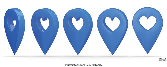 Set of map pointer on heart shape isolated on white background. Blue location pin or navigation. 3D Locator mark of map pointer, symbol, position. 3D vector illustration.