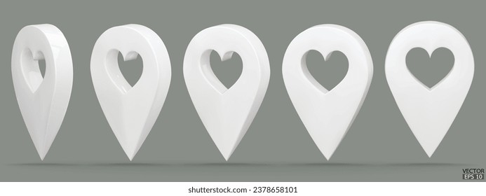 Set of map pointer on heart shape isolated on gray background. White location pin or navigation. 3D Locator mark of map pointer, symbol, position. 3D vector illustration.