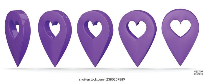 Set of map pointer on heart shape isolated on white background. Purple location pin or navigation. 3D Locator mark of map pointer, symbol, position. 3D vector illustration.
