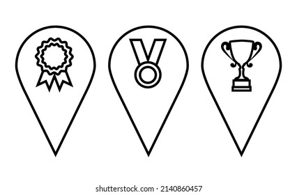 Set of map pointer. Map pins, markers. Location icons for map. Location icons indicating awards, championship, competition, success. Design elements for banner, poster, game, app