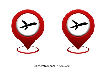Set of map pointer with plane icon. Airplane path. Departure point. Airport location. Illustration vector