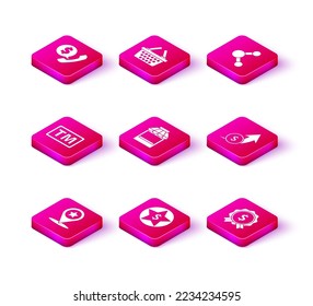 Set Map pointer with star, Star and dollar, Trademark, Shopping building or market store, Price tag, Financial growth coin, Share and basket icon. Vector
