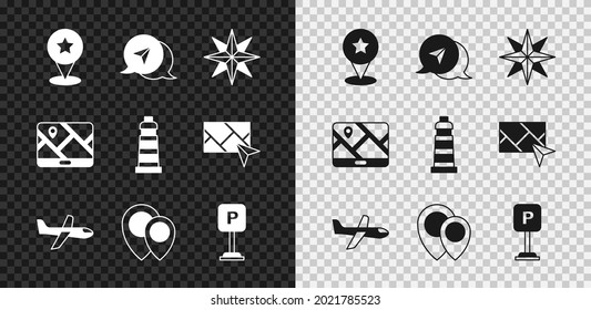 Set Map pointer with star, Infographic of city map navigation, Wind rose, Plane, Location, Parking, City and Lighthouse icon. Vector