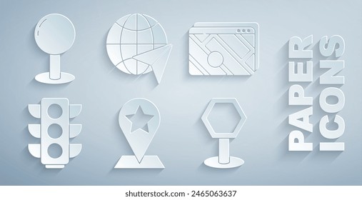 Puntero del mapa del conjunto con la estrella, infografía de la navegación del mapa de la ciudad, semáforo, señal de tráfico de carretera, globo aerostático e icono del pin de empuje. Vector