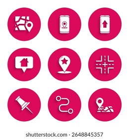 Set Map pointer with star, Route location, Folded map marker, Road traffic sign, Push pin, house, Infographic of city navigation and  icon. Vector