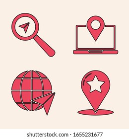 Set Map pointer with star, Search location, Laptop with location marker and Location on the globe icon. Vector
