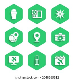 Set Map pointer with star, Suitcase, Calendar and airplane, Photo camera, Speech bubble, Location on the globe, Wind rose and Ice cream waffle cone icon. Vector