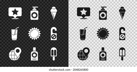 Set Map pointer with star, Sunscreen spray bottle, Ice cream waffle cone, Location the globe, Cocktail and alcohol drink and  icon. Vector