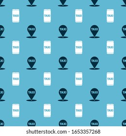 Set Map pointer with taxi and Taxi call telephone service on seamless pattern. Vector