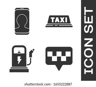 Set Map pointer with taxi, Taxi call telephone service, Electric car charging station and Taxi car roof icon. Vector