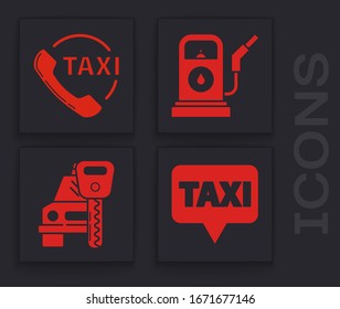 Set Map pointer with taxi, Taxi call telephone service, Petrol or Gas station and Car rental icon. Vector