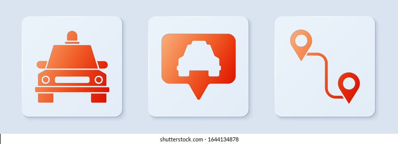 Set Map pointer with taxi, Taxi car and Route location. White square button. Vector