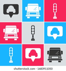 Set Map pointer with taxi, Car and Traffic light icon. Vector