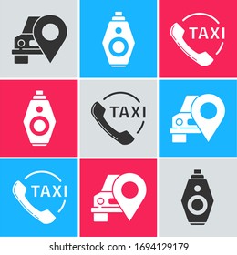 Set Map pointer with taxi, Car key with remote and Taxi call telephone service icon. Vector