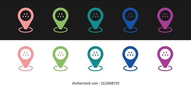 Set Map pointer with taxi car icon isolated on black and white background. Location symbol.  Vector