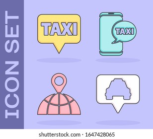 Set Map pointer with taxi, Map pointer with taxi, Location on the globe and Taxi call telephone service icon. Vector