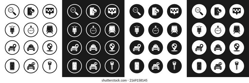 Set Map pointer with taxi, Stopwatch 24 hours, Scooter, Magnifying glass and car, Tram railway, Taxi call telephone service,  and  icon. Vector