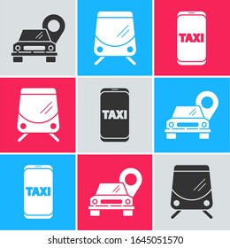 Set Map pointer with taxi, Tram and railway and Taxi call telephone service icon. Vector