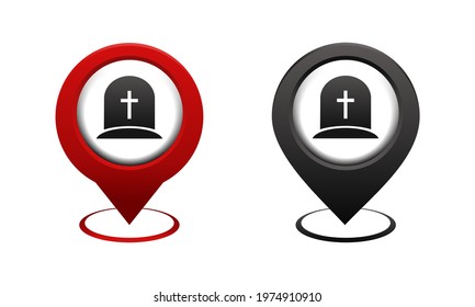 Set of map pointer with tomb icon. Red map pin. Graveyard location. Illustration vector