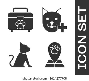 Set Map pointer with veterinary medicine hospital, Pet first aid kit, Cat and Veterinary clinic symbol icon. Vector
