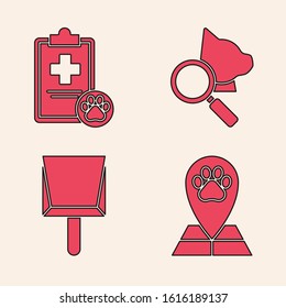 Set Map pointer with veterinary medicine hospital, Clipboard with medical clinical record pet, Veterinary clinic symbol and Dustpan icon. Vector