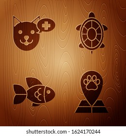 Set Map pointer with veterinary medicine hospital, Veterinary clinic symbol, Fish and Turtle on wooden background. Vector
