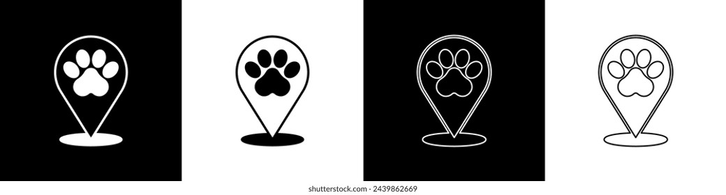 Set Map pointer with veterinary medicine hospital, clinic or pet shop for animals icon isolated on black and white background. Veterinarian clinic.  Vector