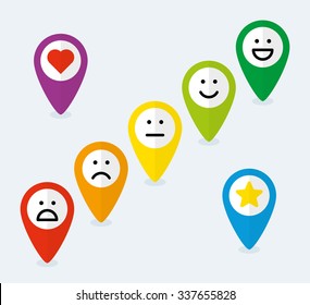 Set of map pointers with feedback emoticons in flat style