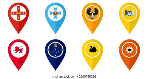 set of map pointers. flat map marker with icons of states and territory of australia. vector illustration isolated on white background