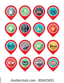 Set of map pointers. Map icon - car service, hotel, hospital, restaurant, wi-fi. Vector illustration