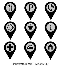 Set map pointers icon. Map pin with information. Parking, cafe ,car pointer illustration.Vector.