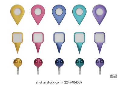 Set of map pointers in metallic colors isolated on white backgrounds.  Location pin or navigation front view. 3D Locator mark of map pointer, symbol, and position. 3D vector illustration.