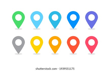 Set of map pointers on white background.	