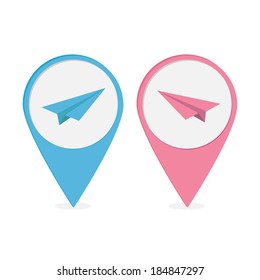 Set of map pointers  with origami paper plane icon. Blue and blue markers. Vector illustration.