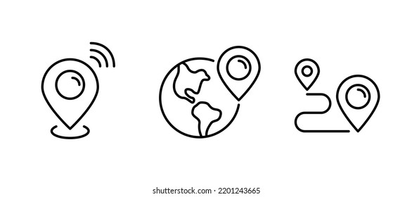 Set of map pointers showing location. Pin on Earth globe and path tracking. Pixel perfect, editable stroke line icons