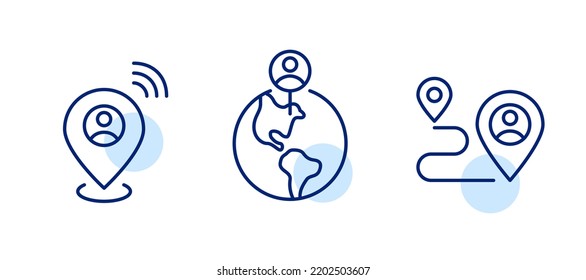 Set of map pointers showing personal device location. Pin on Earth globe and path tracking. Pixel perfect line art icons