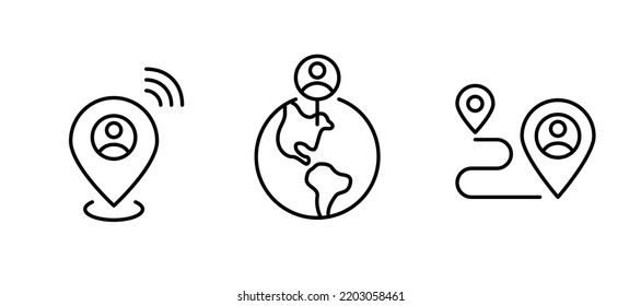 Conjunto de punteros de mapa que muestran la ubicación personal del dispositivo. Pin en el globo terrestre y rastreo de caminos. Iconos de línea perfectos de píxeles