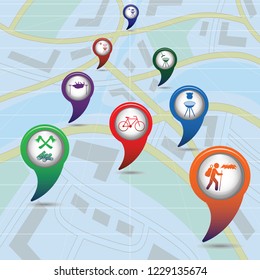Set of map pointers with tourists equipment icons. Vector illustration