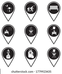 Set of map pointers with travel and camping equipment icons. Vector illustration