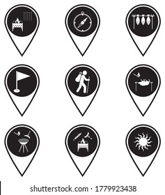 Set of map pointers with travel and camping equipment icons. Vector illustration