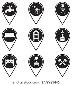 Set of map pointers with travel and camping equipment icons. Vector illustration