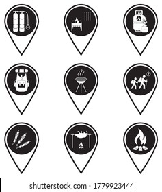 Set of map pointers with travel and camping equipment icons. Vector illustration