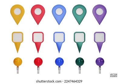 Set of map pointers in various colors isolated on white backgrounds.  Location pin or navigation front view. 3D Locator mark of map pointer, symbol, and position. 3D vector illustration.