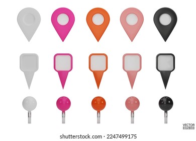 Set of map pointers in various colors isolated on white backgrounds.  Location pin or navigation front view. 3D Locator mark of map pointer, symbol, and position. 3D vector illustration.