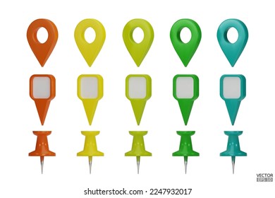 Set of map pointers in various colors isolated on white backgrounds.  Location pin or navigation front view. 3D Locator mark of map pointer, symbol, and position. 3D vector illustration.