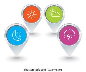 set of map pointers with weather icons - vector illustration